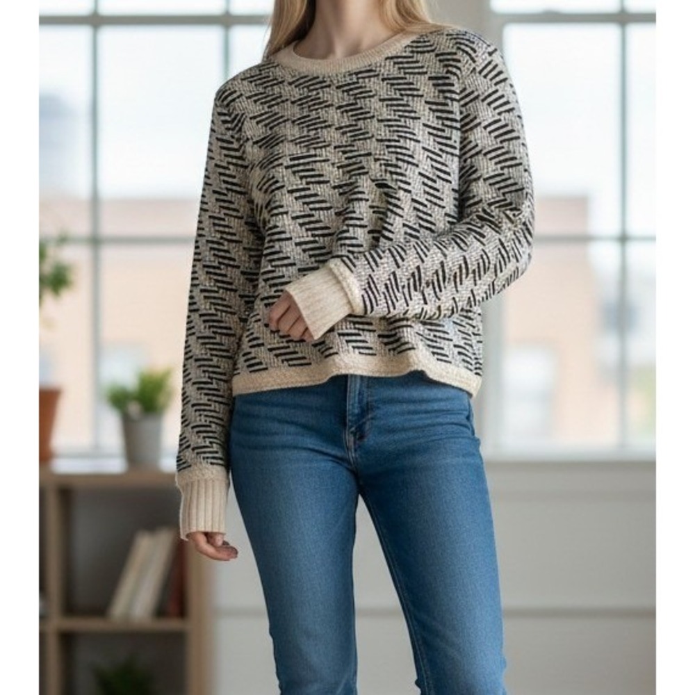 Tory Burch Wool Blend Jacquard Navy Cream Braided Trim Sweater SZ XS Preppy